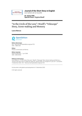 Journal of the Short Story in English, 50 | Spring 2008 “In the Circle of the Lens”: Woolf’S “Telescope” Story, Scene-Making and Memory 2