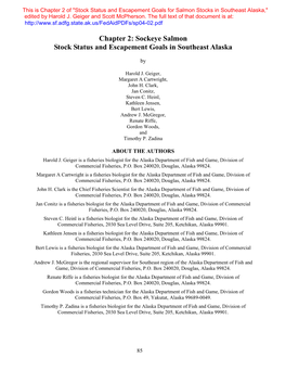 Stock Status and Escapement Goals for Salmon Stocks in Southeast Alaska Chapter 2: Sockeye Salmon