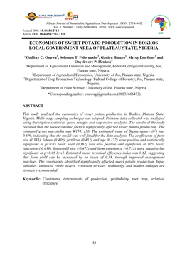 Economics of Sweet Potato Production in Bokkos Local Government Area of Plateau State, Nigeria