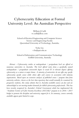 Cybersecurity Education at Formal University Level: an Australian Perspective