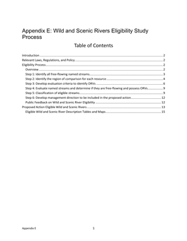 Appendix E: Wild and Scenic Rivers Eligibility Study Process Table of Contents