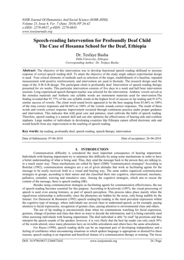 Speech-Reading Intervention for Profoundly Deaf Child the Case of Hosanna School for the Deaf, Ethiopia