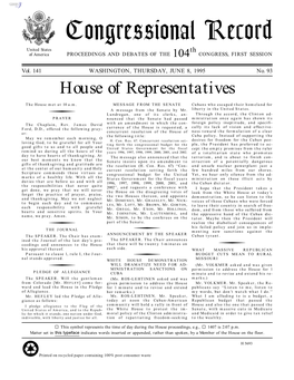 Congressional Record United States Th of America PROCEEDINGS and DEBATES of the 104 CONGRESS, FIRST SESSION