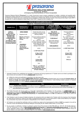 PRASARANA MALAYSIA BERHAD (Company No.: 467220-U) (A Company Fully Owned by Minister of Finance Incorporated)