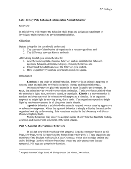 AP Biology Lab 11: Roly Poly Enhanced Interrogation Animal