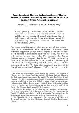 Traditional and Modern Understandings of Mental Illness in Bhutan: Preserving the Benefits of Each to Support Gross National Happiness *