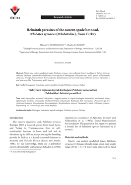 Helminth Parasites of the Eastern Spadefoot Toad, Pelobates Syriacus (Pelobatidae), from Turkey