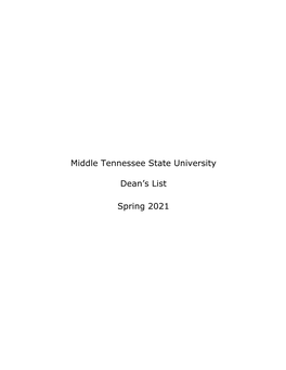 Middle Tennessee State University Dean's List Spring 2021
