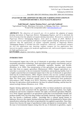 ANALYSIS of the ADOPTION of ORGANIC FARMING INNOVATIONS in PAGERWOJO DISTRICT, TULUNGAGUNG REGENCY Fadli Mulyadi1., Septian Maul