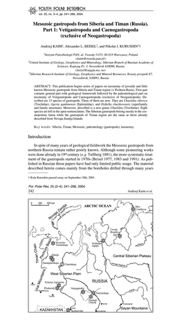 Mesozoic Gastropods from Siberia and Timan (Russia). Part 1: Vetigastropoda and Caenogastropoda (Exclusive of Neogastropoda)