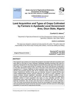 Land Acquisition and Types of Crops Cultivated by Farmers in Ayedaade Local Government Area, Osun State, Nigeria