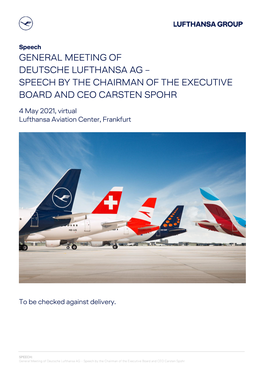 General Meeting of Deutsche Lufthansa Ag – Speech by the Chairman of the Executive Board and Ceo Carsten Spohr