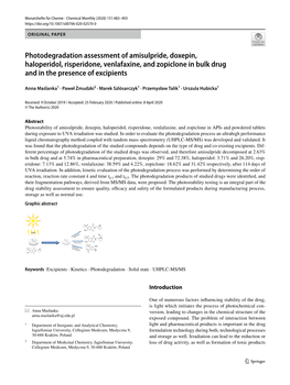 Photodegradation Assessment of Amisulpride, Doxepin, Haloperidol, Risperidone, Venlafaxine, and Zopiclone in Bulk Drug and in the Presence of Excipients