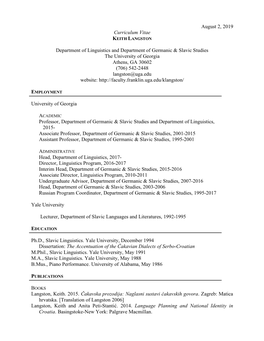 August 2, 2019 Curriculum Vitae Department of Linguistics And