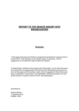 Report to the Senate Inquiry Into Broadcasting