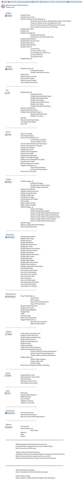 Web Developer Firefox Extension Features List Disable