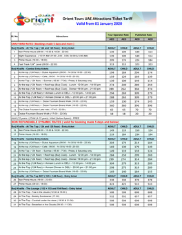 Orient Tours UAE Attractions Ticket Tariff Valid from 01 January 2020