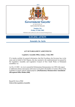 Government Gazette of the STATE of NEW SOUTH WALES Number 116 Friday, 12 July 2002 Published Under Authority by the Government Printing Service