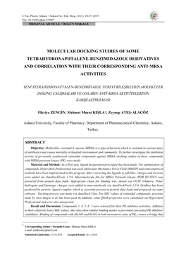 Molecular Docking Studies of Some Tetrahydronaphtalene-Benzimidazole Derivatives and Correlation with Their Corresponding Anti-Mrsa Activities