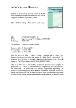 Patterns in Micronekton Diversity Across the North Pacific Subtropical Gyre Observed from the Diet of Longnose Lancetfish (Alepisaurus Ferox)