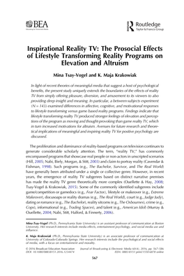 Inspirational Reality TV: the Prosocial Effects of Lifestyle Transforming Reality Programs on Elevation and Altruism