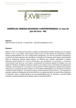 DINÂMICAS URBANO-REGIONAIS CONTEMPORÂNEAS: O Caso De Juiz De Fora - MG