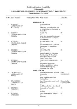 District and Sessions Court, Bidar M.Kanumaiah II ADDL. DISTRICT and SESSIONS COURT,BIDAR SITTING at BASAVAKLAYAN Cause List Date: 17-11-2020