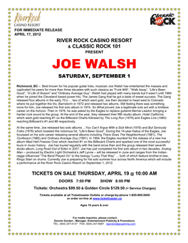 Joe Walsh Saturday, September 1