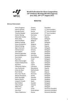 World Federation for Chess Composition 54Th Ordinary Meeting