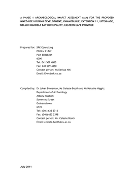 Aia) for the Proposed Mixed-Use Housing Development, Kwanobuhle, Extension 11, Uitenhage, Nelson Mandela Bay Muncipality, Eastern Cape Province