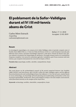 El Poblament De La Safor-Valldigna Durant El IV I III Mil·Lenis Abans De Crist