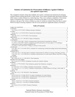 Statutes of Limitation for Prosecution of Offenses Against Children (Last Updated August 2012)