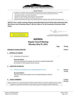 AGENDA Regular Council Meeting Monday, May 27, 2013 Page Timing