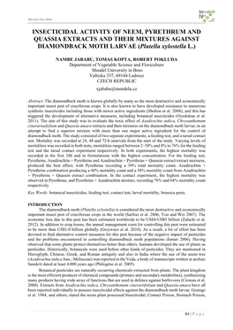 INSECTICIDAL ACTIVITY of NEEM, PYRETHRUM and QUASSIA EXTRACTS and THEIR MIXTURES AGAINST DIAMONDBACK MOTH LARVAE (Plutella Xylostella L.)