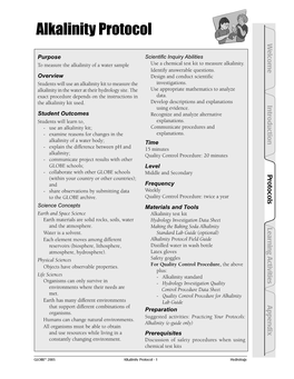 Alkalinity Protocol W Elcome Purpose Scientiﬁc Inquiry Abilities to Measure the Alkalinity of a Water Sample Use a Chemical Test Kit to Measure Alkalinity