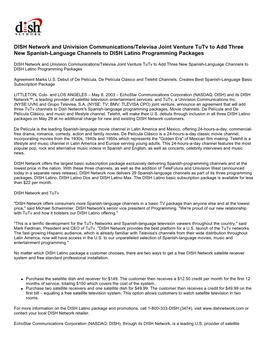 DISH Network and Univision Communications/Televisa Joint Venture Tutv to Add Three New Spanish-Language Channels to DISH Latino Programming Packages