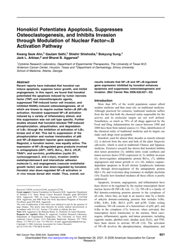 Honokiol Potentiates Apoptosis, Suppresses Osteoclastogenesis, and Inhibits Invasion Through Modulation of Nuclear Factor-KB Activation Pathway