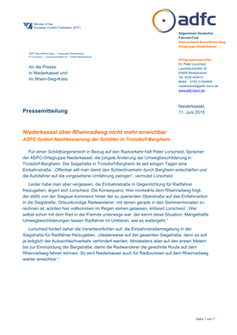 Niederkassel Über Rheinradweg Nicht Mehr Erreichbar Pressemitteilung