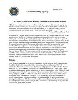 The National Security Agency: Missions, Authorities, Oversight and Partnerships
