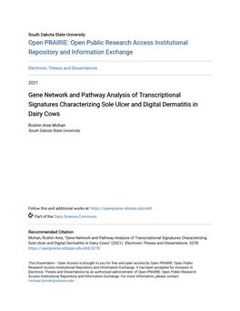 Gene Network and Pathway Analysis of Transcriptional Signatures Characterizing Sole Ulcer and Digital Dermatitis in Dairy Cows