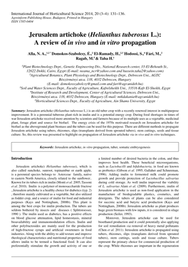 Jerusalem Artichoke (Helianthus Tuberosus L.): a Review of in Vivo and in Vitro Propagation