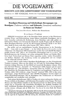 DIE VOGELWARTE BERICHTE AUS DEM ARBEITSGEBIET DER VOGELWARTEN Fortsetzung Von: DER VOGELZUG, Berichte Über Vogelzugforschung Und Vogelberingung