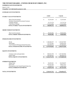 UNITED CHURCH of CHRIST, INC. SCHEDULE of INVESTMENTS March 31, 2021 Unaudited - for Information Purposes Only