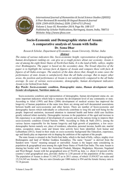 Socio-Economic and Demographic Status of Assam: a Comparative Analysis of Assam with India Dr