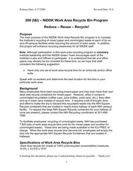 NIDDK Work Area Recycle Bin Program Reduce – Reuse – Recycle!