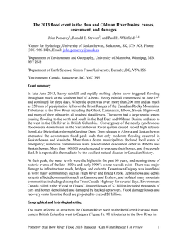 The 2013 Flood Event in the Bow and Oldman River Basins; Causes, Assessment, and Damages