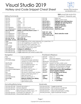 Visual Studio 2019 Hotkey and Code Snippets Cheat Sheet