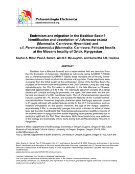 Endemism and Migration in the Kochkor Basin? Identification and Description of Adcrocuta Eximia (Mammalia: Carnivora: Hyaenidae) and C.F