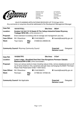 VALID PLANNING APPLICATIONS RECEIVED up to 30 April 2019 Any Comments Or Enquiries Should Be Addressed to the Development Management Manager