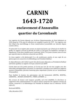 CARNIN 1643-1720 Enclavement D’Annœullin Quartier Du Carembault